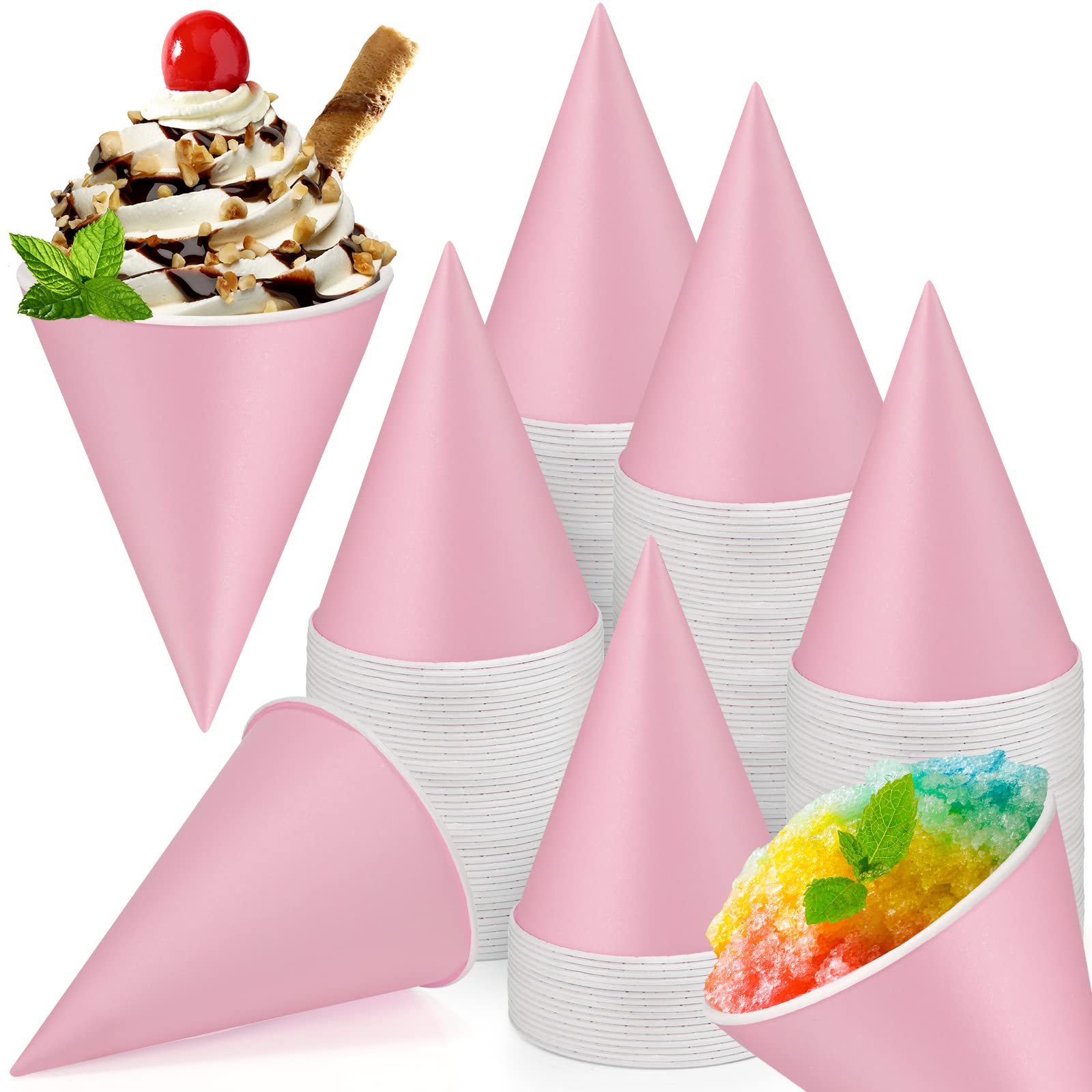 Photo 1 of Zubebe 200 Pack Snow Cone Cups 4.5 Oz Cone Paper Cups Bulk Small Water Dispenser Cups Wax Coated Leakproof Cups for Office Water Coolers Shaved Ice, Slush Ice Cream (Pink)