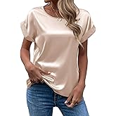Chigant Women's Short Sleeve Satin Blouses Casual Loose Crewneck Silk Shirts Roll Up Sleeve Tunic Tops S-XXL