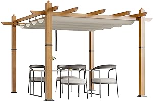 GUSTOWAVE 10x10 Ft Outdoor Retractable Pergola Aluminium Pergola Canopy with Adjustable Roof, Upgraded Faux Wood Grain Modern Metal Patio Gazebo for Deck, Backyard Garden, Porch, Grape Trellis, Beige
