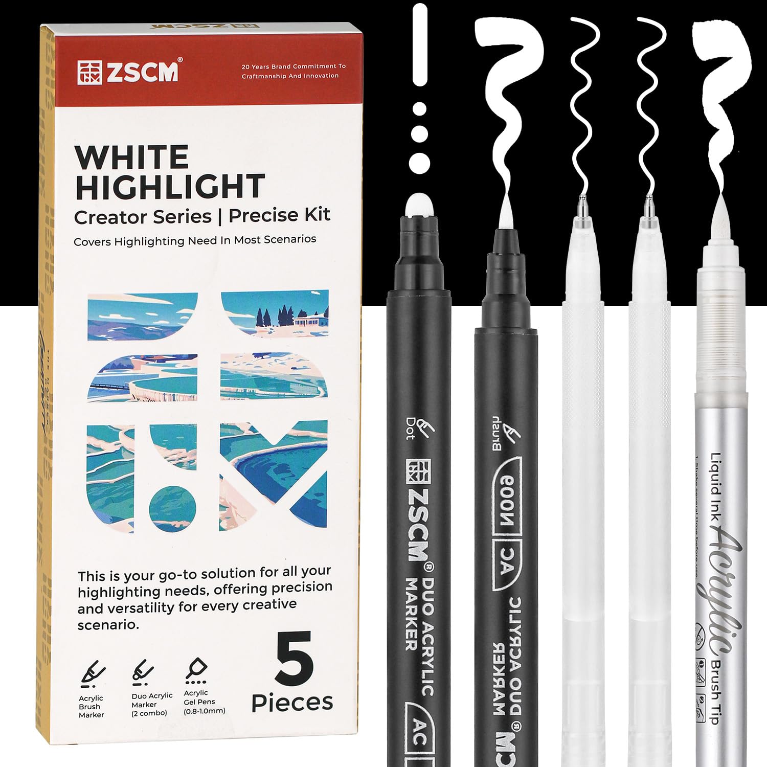 ZSCM Acryl-Tintenstifte in 5 Farben, weiß, für Zeichnungen, feine Acryl-Gelstifte, deckende Archivtintenstifte zum Zeichnen auf schwarzem Papier, Skizzieren, Illustrieren und Kartenbasteln