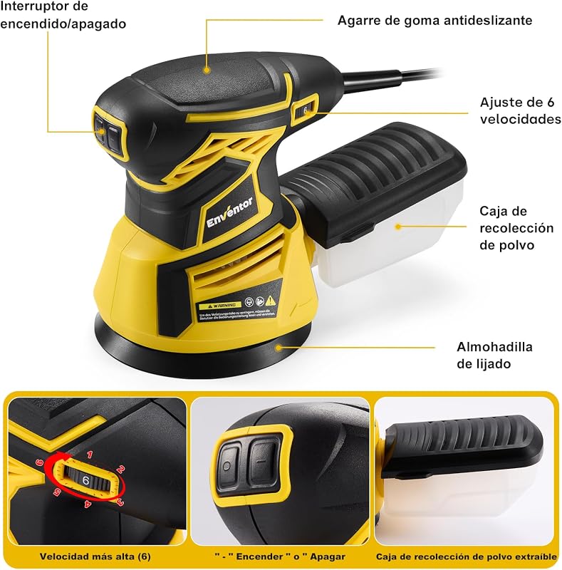 Lixadora de madeira, 350W, 6 velocidades, 125 mm, 20 lixa, 13000 RPM