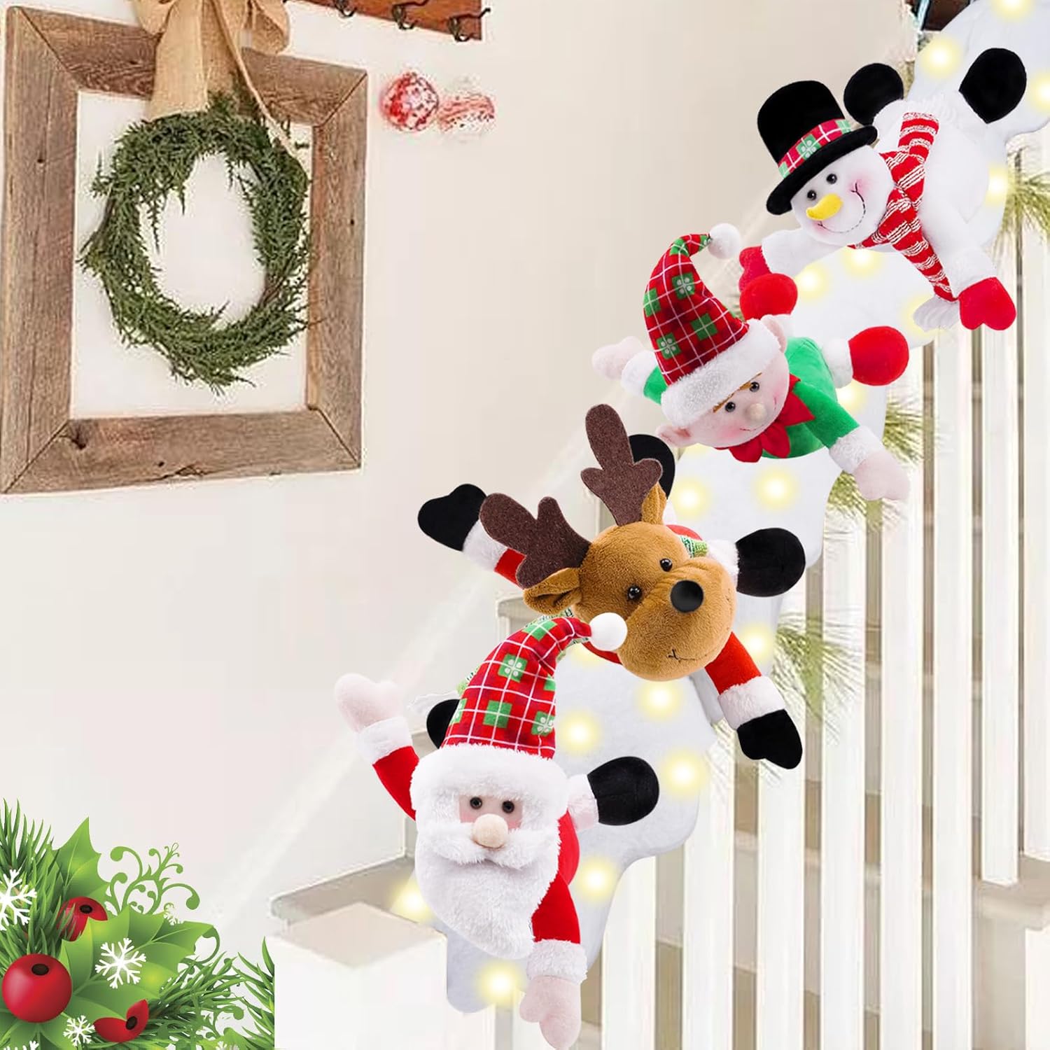 Artificial Snow - Ateuinsa Christmas Stair Railing Decorations Set of 6, Snow Surfing Banister Decoration, Sliding Elf/Santa/Snowman/Elk Surf on Fake Snow Santa Christmas Home Decor,Holiday Decorations