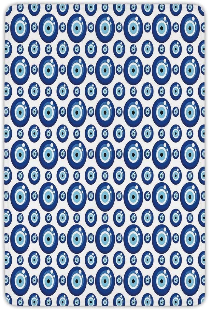Bathroom Bath Rug Kitchen Floor Mat Carpet,Evil Eye,Symmetrical Pattern All Seeing Eye Figures Superstitious Turkish Ethnic Decorative,Blue Pale Blue White,Flannel Microfiber Non-slip Soft Absorbent
