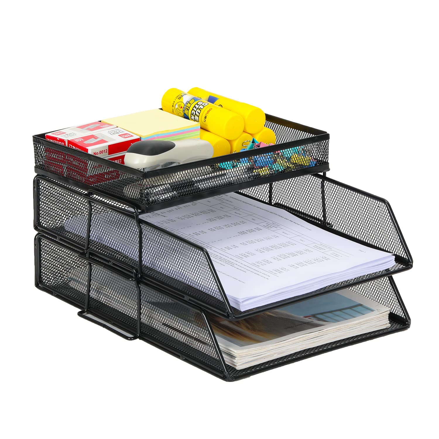 EasyPAG 2 Tier A4 Mesh in Trays Stackable Office Desk Tidy File Holder Magazine Storage Paper Document Letter Organiser with Top Stationery Holder,Black