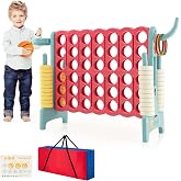 COSTWAY Jumbo 4-to-Score Giant Game Set with Carrying Bag | 2.5Ft Indoor Outdoor Game Set w/ Basketball Hoop, Ring Game, 42 Jumbo Rings, Quick-Release Slider for Kids &amp; Adults, Aqua Red