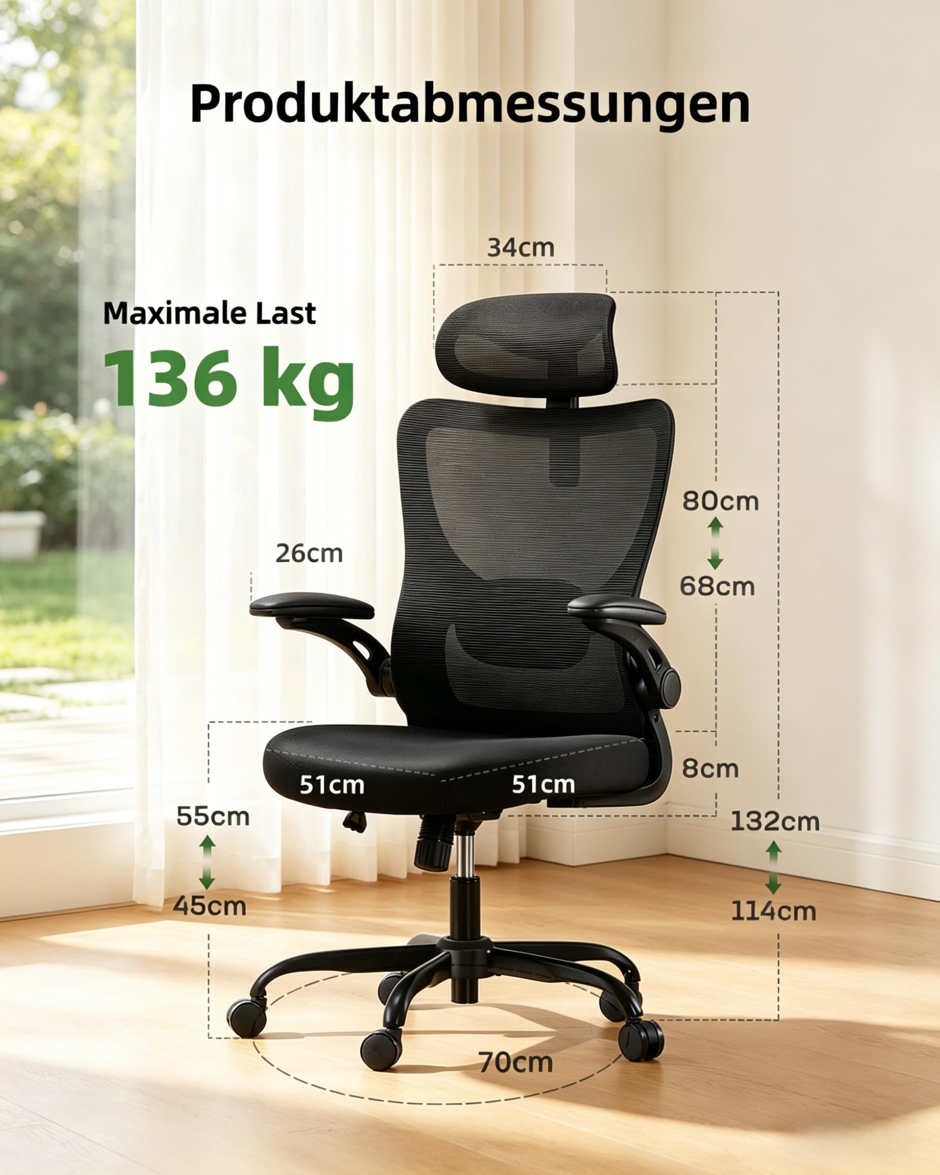 Marsail Bürostuhl Ergonomisch Schreibtischstuhl hat Verstellbarer Lordosenstütze Kopfstütze und Armlehne Höhenverstellung und Wippfunktion, Schwarz 7