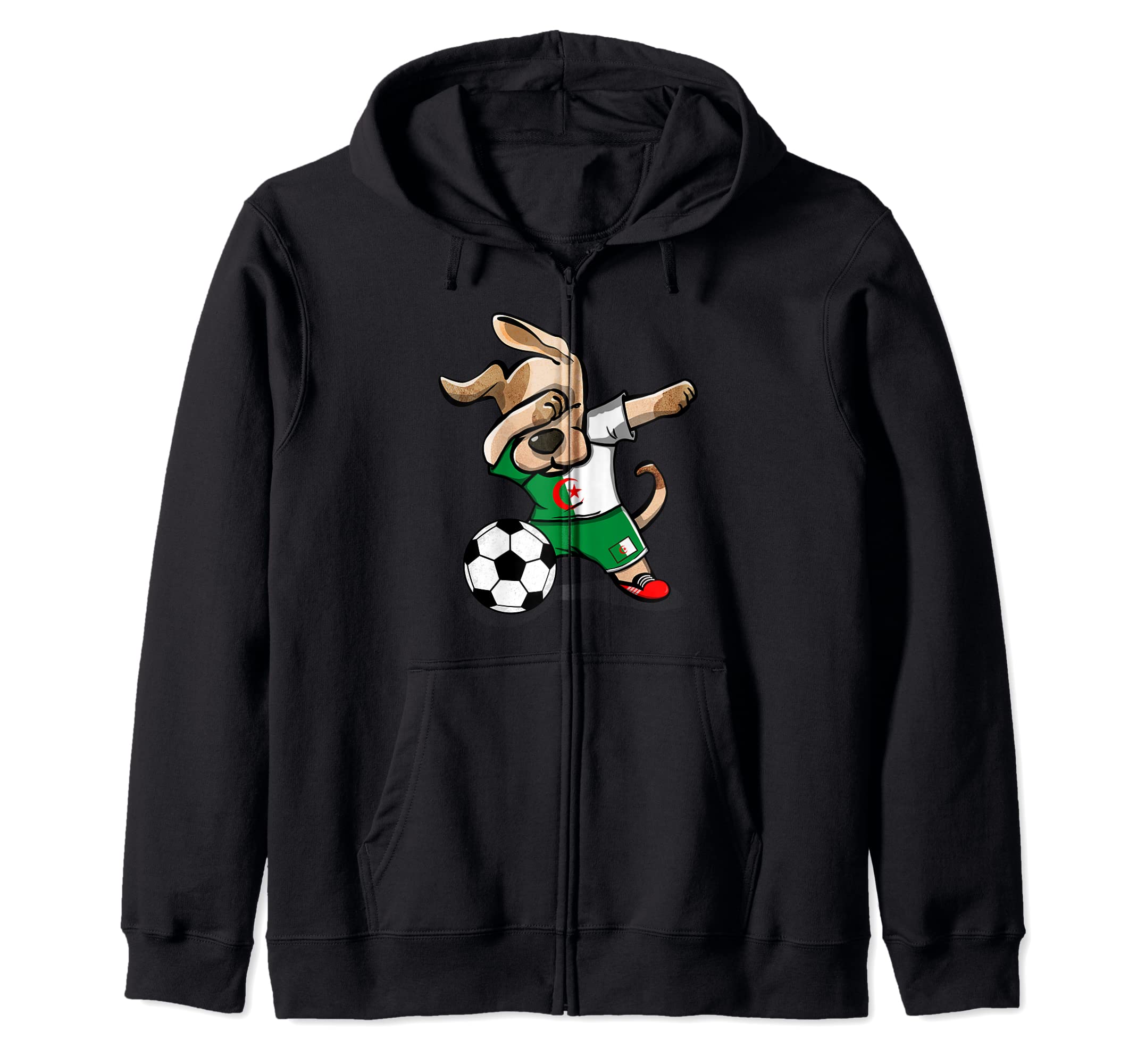 Dabbing Dog Algeria Soccer Fan Jersey Algerian Flag Football Zip Hoodie