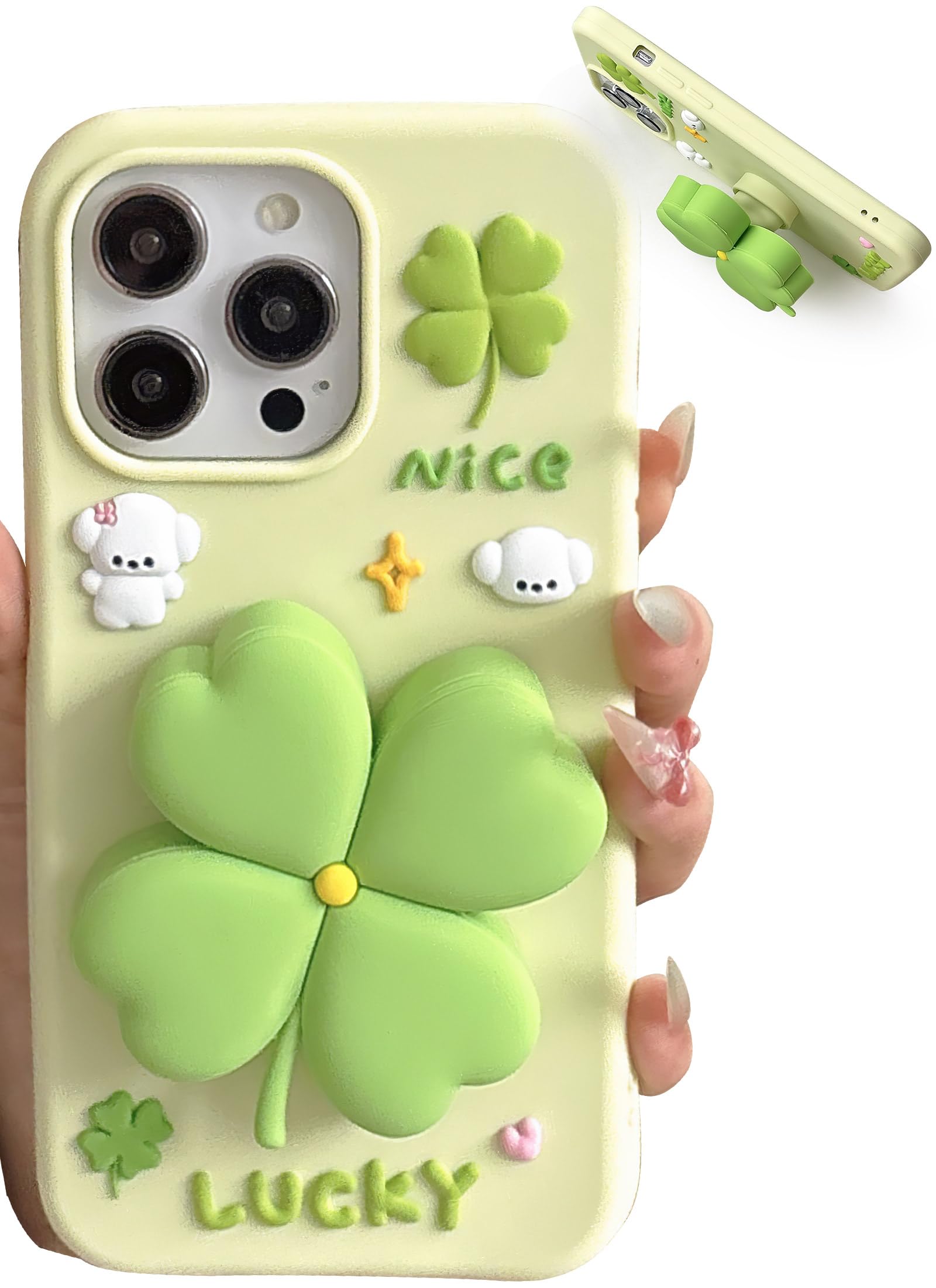 TUFTA Cute 3D Flower Phone Case for iPhone 14 Pro - Retractable Stand & Grip with Floral Design - Girly Aesthetic Soft Silicone Lucky Clover Phone Cover for Women, Girls and Teens, Green