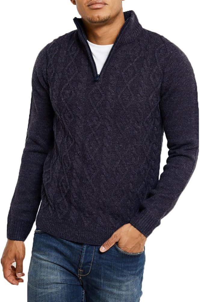 Threadbare Mens 1/4 Zip Neck Jumper Cable Knit Sweater Top Pullover Soft Furrow,Indigo,S Amazon