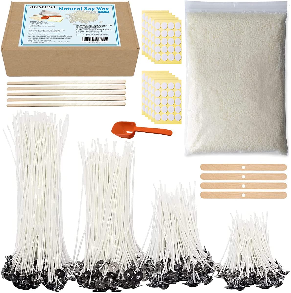JEMESI Candle Making Kit, 200 x Candle Wicks 4 cm, 10.5 cm, 15 cm and 22 cm, 1 kg Soy Wax, Wick Holders, Stirring Sticks and Spoon, DIY Candle Kit for Beginners