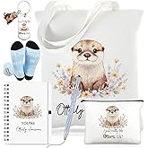 Talltalk 6 Pcs Otter Gifts for Women Sea Otter Lover Gifts Set, Socks Canvas Bag Makeup Bag Spiral Notebook Ballpoint Pen and Stainless Steel Keychain for Christmas Birthday Graduation Thanksgiving