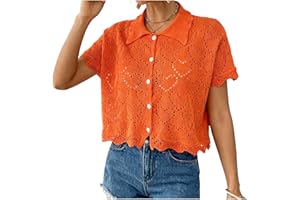 Women Crochet Knit Short Sleeve Tops Summer Lightweight Button Sweater Hollow Out Knitted Cropped Shirts