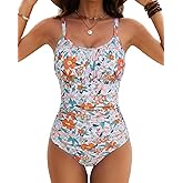 Women Tummy Control One Piece Swimsuit - 2026 Floral Print Bathing Suits Vintage Ruched Swimwear