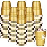 Dualshine 100 Pack Gold Plastic Cups 12 oz, Disposable Cups for Party, Heavy Duty Drinking Cup, Graduation Cups for Wedding Birthday, Valentine's Day Beer Taste Serving Sample Tastings Barbecues