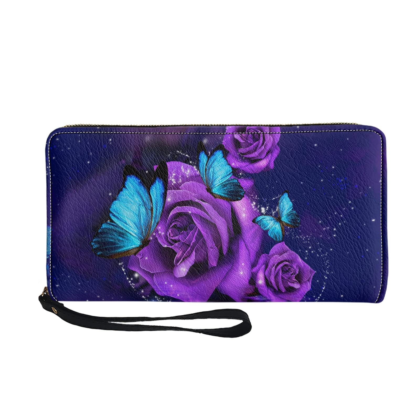 STUOARTE Purple Rose with Butterfly Pattern Wallet for Ladeis, Pu Leather Long Purse with 4 Credit Card Slots, Portable Wallet for Travel Hiking, ONESIZE