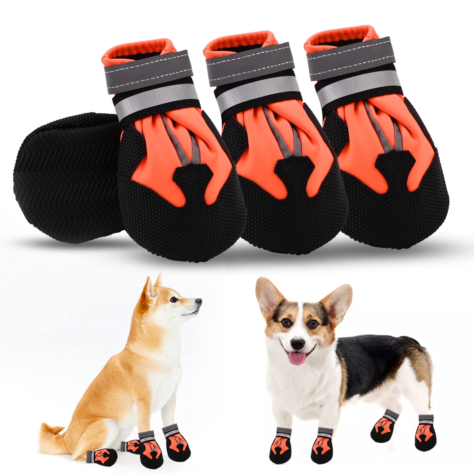 Dog Boots, Set of 4 Waterproof Dog Shoes with Reflective Straps Anti-Slip Sole Outdoor Paw Protectors Puppy Shoes for Small Medium Dogs Autumn Winter (Orange, M)
