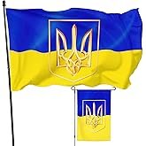 Voudlye Ukraine Flag 3x5 Ft and 3Ply Garden Flags 12×18 Inch Ukrainian National Flag with Coat of Arms Trident Flags Double Sided Print - Fade Proof Outdoor Garden Decor