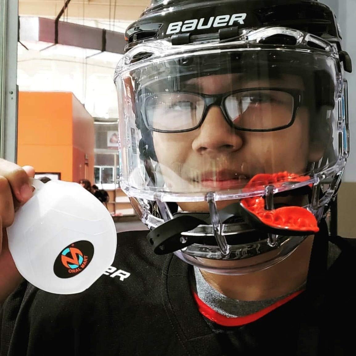 Oral Mart Black/Orange Sports Mouth Guard with Strap (Ice Hockey/Football/Lacrosse) - Strapped Mouthguard for Football, Hockey, Lacrosse, College Football (with Free Case) : Sports & Outdoors