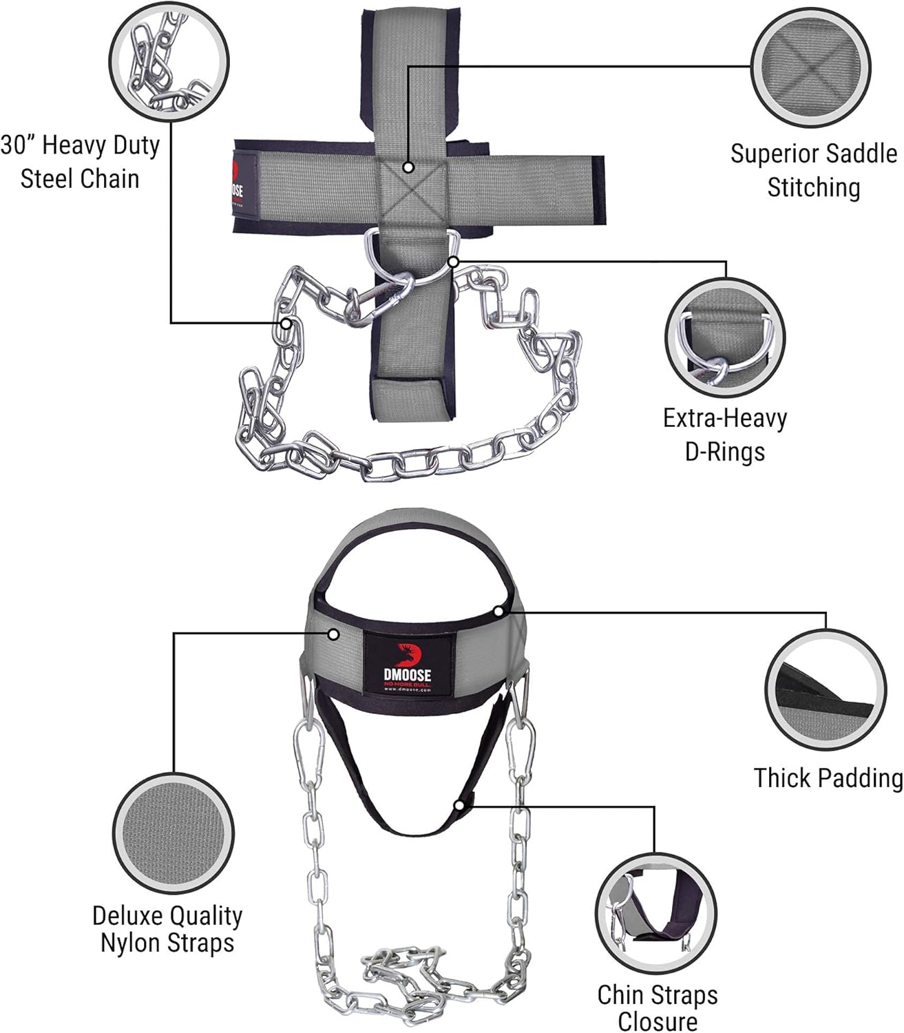 DMoose Neck Harness for Weight Lifting Neck Workout Builder Equipment for Training Gym Exerciser Head Harness Injury Recovery with Adjustable Long Steel Chain and Strap Improve Muscle Strength : Clothing