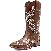 DREAM PAIRS Women's Western Cowboy Boots Square Toe Embroidered Mid Calf Boots Western Chunky Low Heel for Country Music Festivals Theme Party and Concert