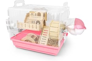 Cycodo 8 in 1 Acrylic Hamster Cages and Habitats,Dwarf Hamster Cage,Wooden Small Animal Cage with Accessories & Toys,2-Layer Small Pet House,Mice,Gerbils(Pink,14"*11"*10")