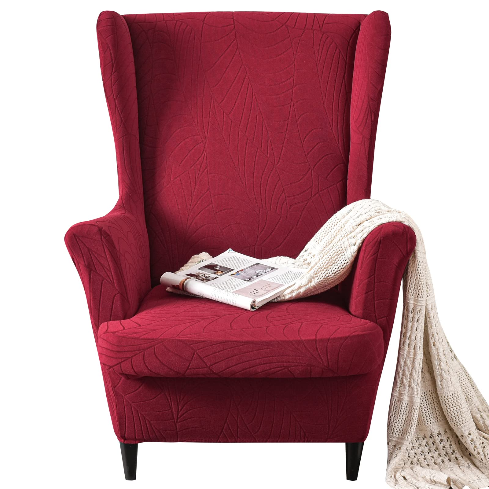 GKXLH Wingback Chair Covers 2 Piece Set - 2 IN 1 Design Armchair Covers Solid Soft Wing Back Chair Cover Stretch Wing Chair Slipcover Furniture Protector for Living Room Bedroom Hotel (Wine Red)