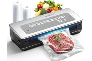 ANYBEAR Vacuum Sealer Machine, 90kPa 120W Powerful Food Sealer Build-in Cutter and Bag Storage, Digital Countdown Display, Dry&Moist Mode, Wide Seal, 2 Bag Rolls & 5 Pre-Cut Bags for Food Saver (Silver)