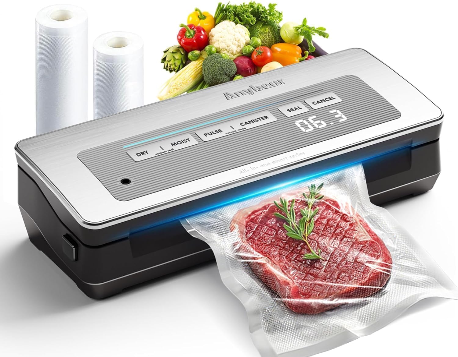 Photo 1 of Vacuum Sealer Machine, 90kPa 120W Powerful Food Sealer Build-in Cutter and Bag Storage, Digital Countdown Display, Dry and Moist Mode, Wide Seal, 2 Bag Rolls & 5 Pre-Cut Bags for Food Saver (Silver)