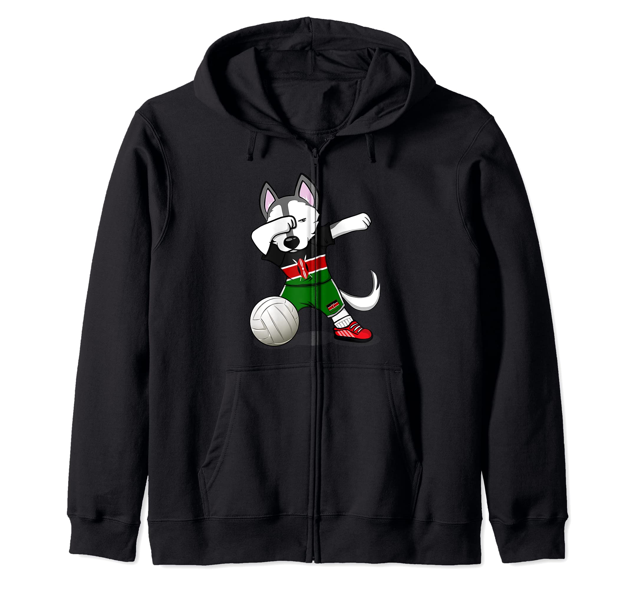 Dabbing Husky Dog Kenya Volleyball Fans Jersey - Kenyan Flag Zip Hoodie
