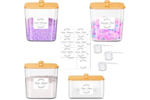 efluky 4 Pack Laundry Pods Container & Dryer Sheet Holder Set,Clear Laundry Room Organization Containers with Bamboo Lids and Labels,Laundry Pods Holder for Scent Booster,Powder,Pod