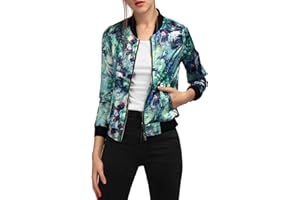 Allegra K Women's Winter Bomber Jacket Long Sleeve Stand Collar Zipper Floral Print Jacket with Pockets