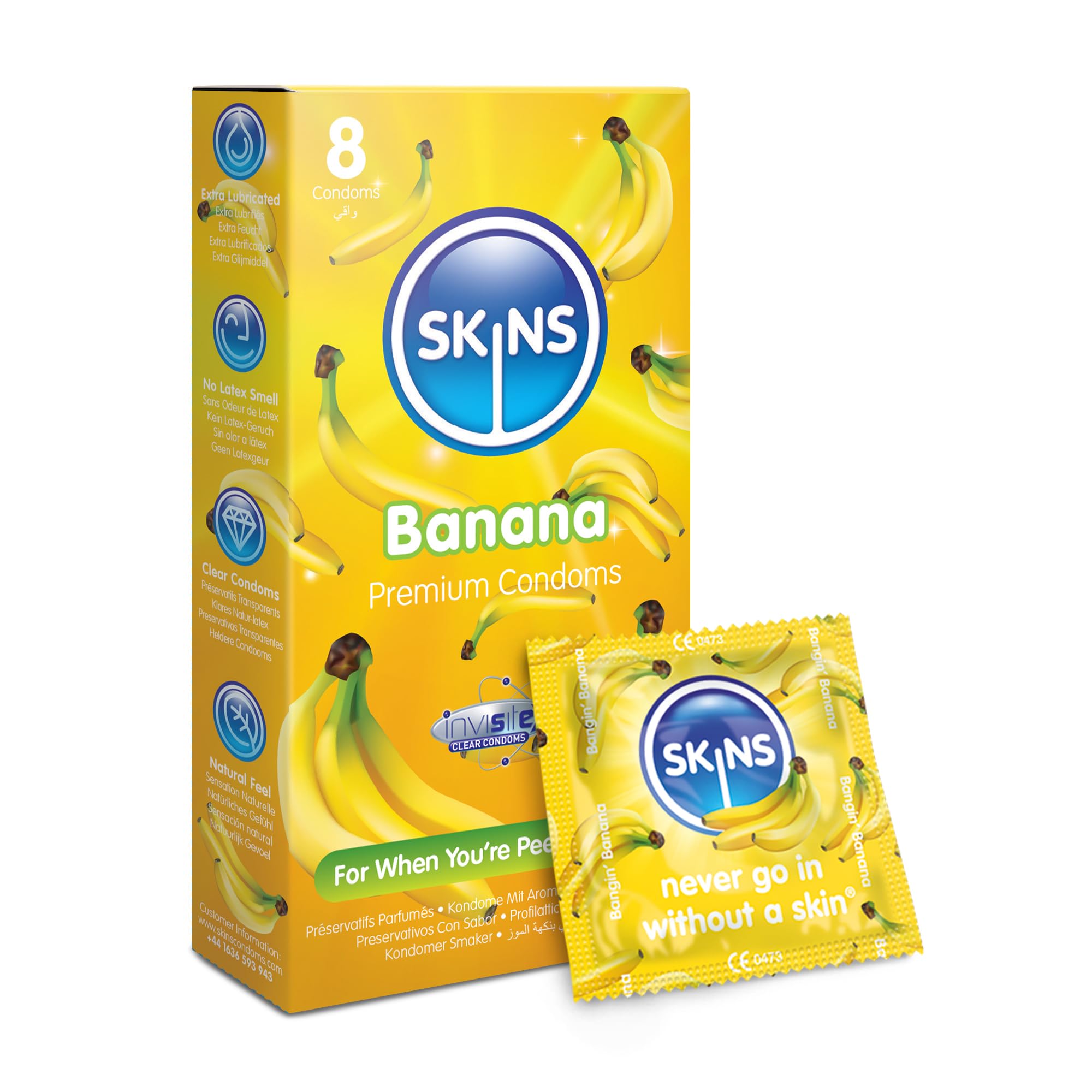 Skins Banana Flavoured Condoms Thin Extra Feel, 8 Pack of Premium Skins Extra Safe Pleasure Condom for Adults, Ultra Thin for Oral Extra Pleasure