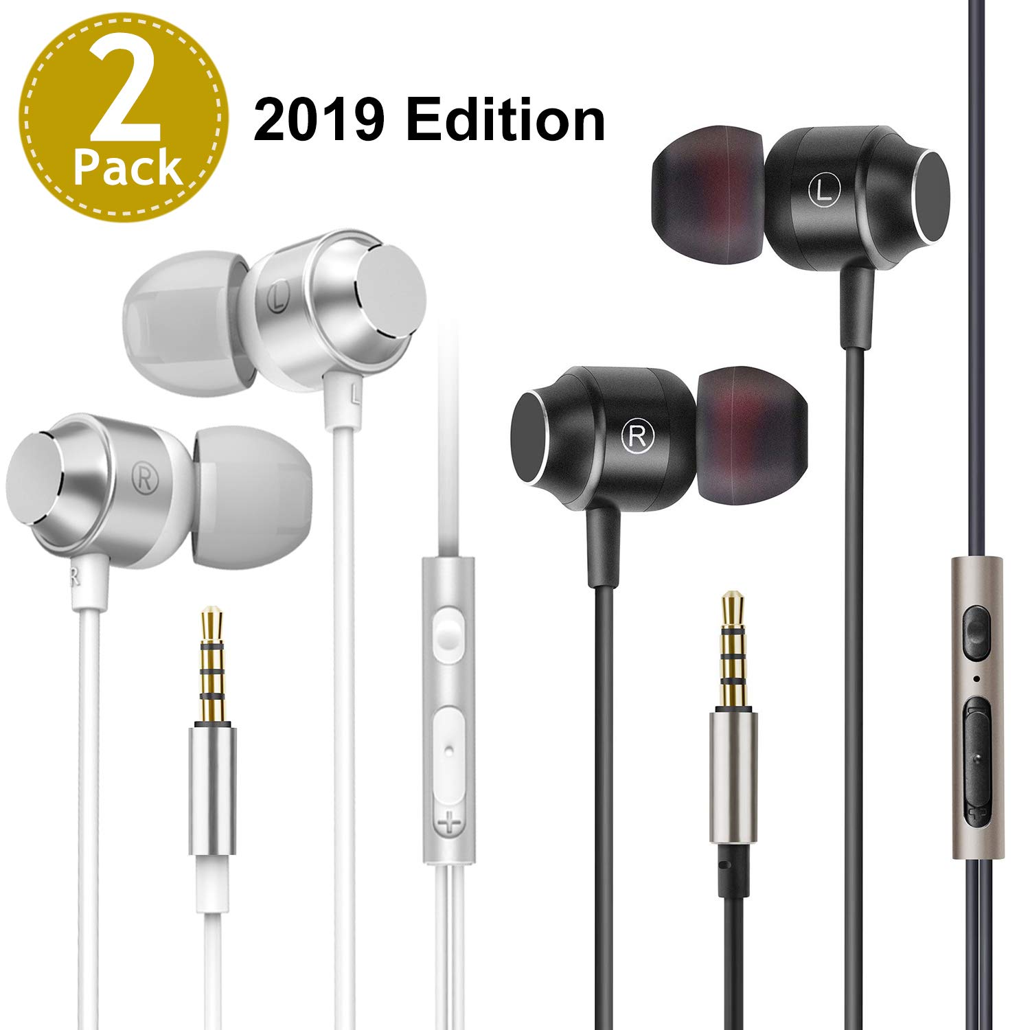 Nana Innovations 3.5mm Earphones/Headphones Noise Isolating with Microphone and Volume Control Powerful Bass for iPhone iPod iPad Samsung HTC Tablets Laptop Mp3 Mp4 Players(Silver+Black)