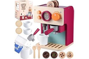 GAGAKU Wooden Coffee Machine Toy for Toddlers, Montessori Learning Toys for 3 4 5 Year Old Girls & Boys, Realistic Pretend Play Kitchen Accessories with Espresso Maker & Latte Art Set