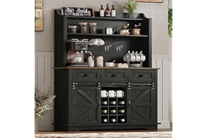 REVOMINCA 63 Inch Tall Coffee Bar Cabinet with 3-Tier, Kitchen Hutch with 3 Large Drawers, Farmhouse Coffee Bar with 9 Wine Racks & 3 Glass Holders, Wine Storage Cabinet for Living Dining Room, Black