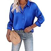 Chigant Women's Blouse Satin Silk Shirts Button Down Shirts Casual Loose Long Sleeve Office Work Tunic Tops