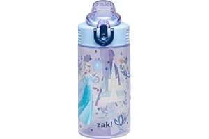 Zak Designs Disney Frozen Sage Kids Water Bottle For School or Travel, 16oz Durable Plastic Water Bottle With Straw, Handle, and Leak-Proof, Pop-Up Spout Cover (Anna, Elsa, Olaf)