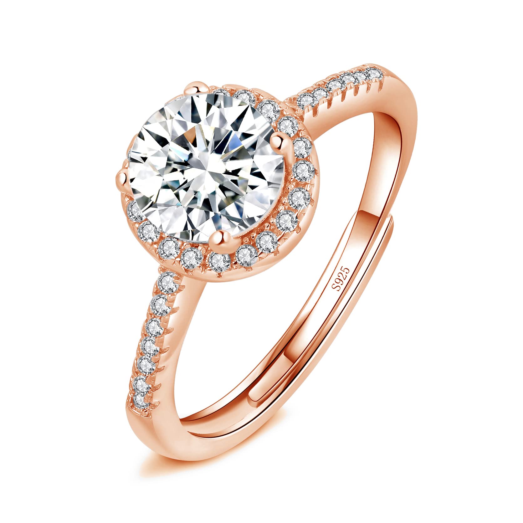Josfeva Silver Rings for Women Girls, 925 Sterling Silver Adjustable Diamond Ring, Bride Wedding Engagement Ring for Love Promise, Romantic Anniversary Round Rose Gold Rings for Couples Gifts