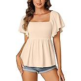 LYANER Women's Square Neck Smocked Peplum Top Ruffle Short Sleeve Shirred Babydoll Blouse