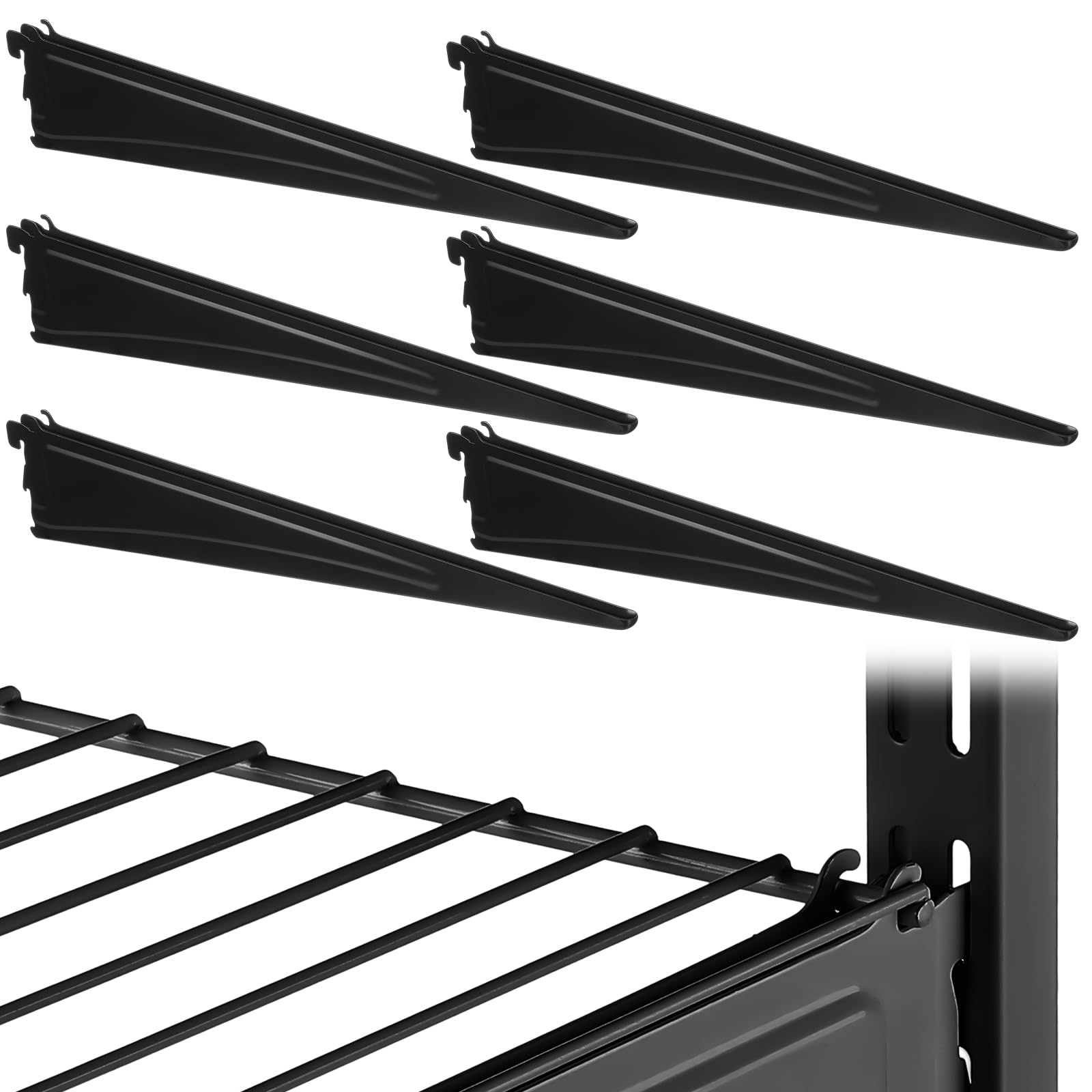 Photo 1 of Wonderjune Adjustable Locking Shelf Bracket 16 Inch Shelf Brackets Heavy Duty Wire Shelving Brackets for Deep Wire Shelving Double Track System(Black,6 Pcs)