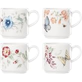 Lenox 890451 Butterfly Meadow 4-Piece Stacking Mug Set | dishwasher safe, microwave safe | space-saving stackable design | coffee mug gift for coffee lovers | 10oz