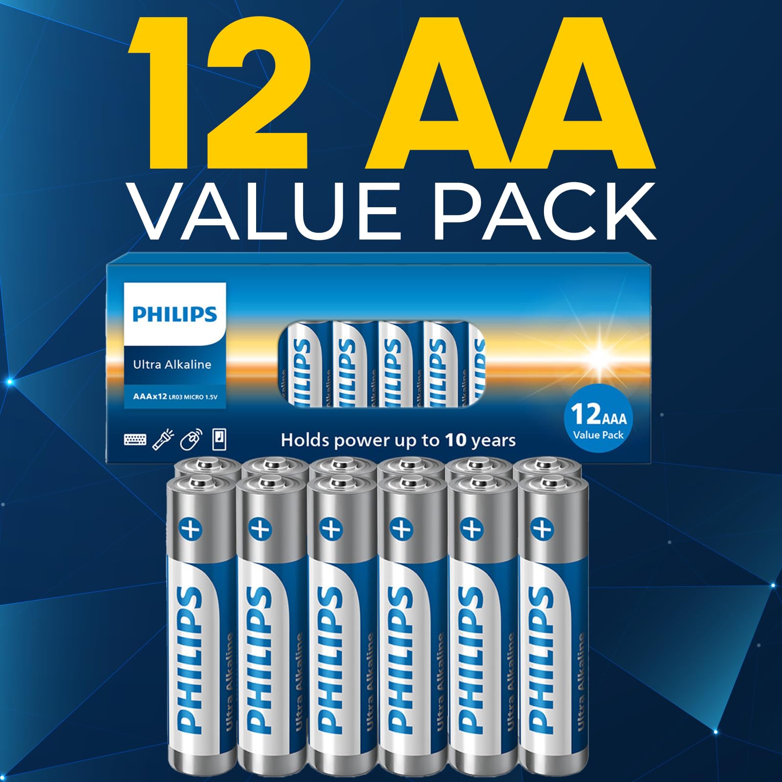PHILIPS AAA Batteries, Ultra Alkaline Triple AAA Batteries 12 Pack, 1.5v Batteries 3A, Ultimate Long-Lasting Power for High-Drain Devices, 10-Year Shelf Life, Durable Leak-Proof Design.
