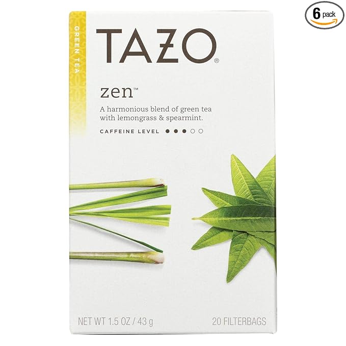 Amazon Com Tazo Zen Green Tea With Lemongrass Spearmint 20 Count Tea Bags Pack Of 6 1 5 Oz Each Net Wt 9 13 Oz Grocery Gourmet Food