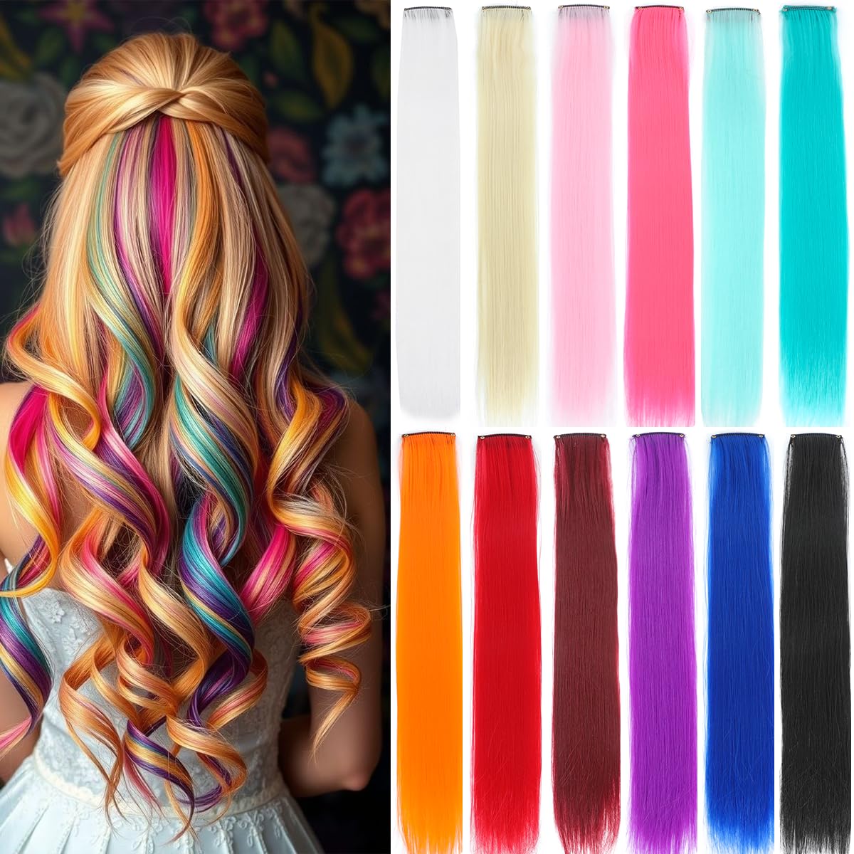 Photo 1 of 12 Pcs Mixed colored hair extensions 22 Inch Straight hair colorful clip in extensions Highlight Party for Kids Girls and Women Gift(22 inch Mix Color)