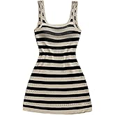 SOLY HUX Women's Striped Mini Dress Square Neck Sleeveless Hollow Out Knit Bodycon Summer Dresses