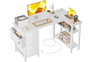 BEXEVUE Small Reversible L Shaped Desk with 4 Drawers, 47 Inch Comuputer Desk with Fabric Storage Drawers, Home Office Writin