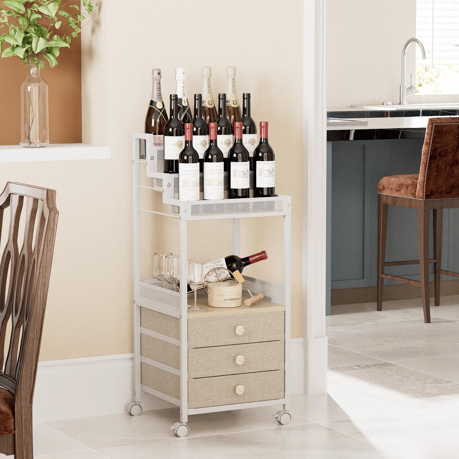 FURFUN Makeup Organizer Storage Cart with Drawers, Floor Rolling Skincare Vanity Organizer Mobile Cosmetic Display Case Stand for Makeup Brushes, Nail Polish, Perfume Organizer for Women Matte White