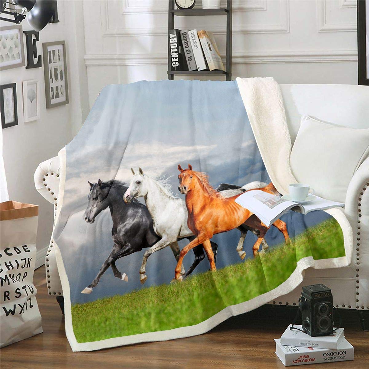 Homemissing Boys Kids Galloping Horse Fleece Throw Blanket 3d Horse Steed Sherpa Blanket For Teens Wild Animal Pattern Plush Wildlife Farmhouse Decor Fuzzy For Sofa Bed,Double 60x79 Inch