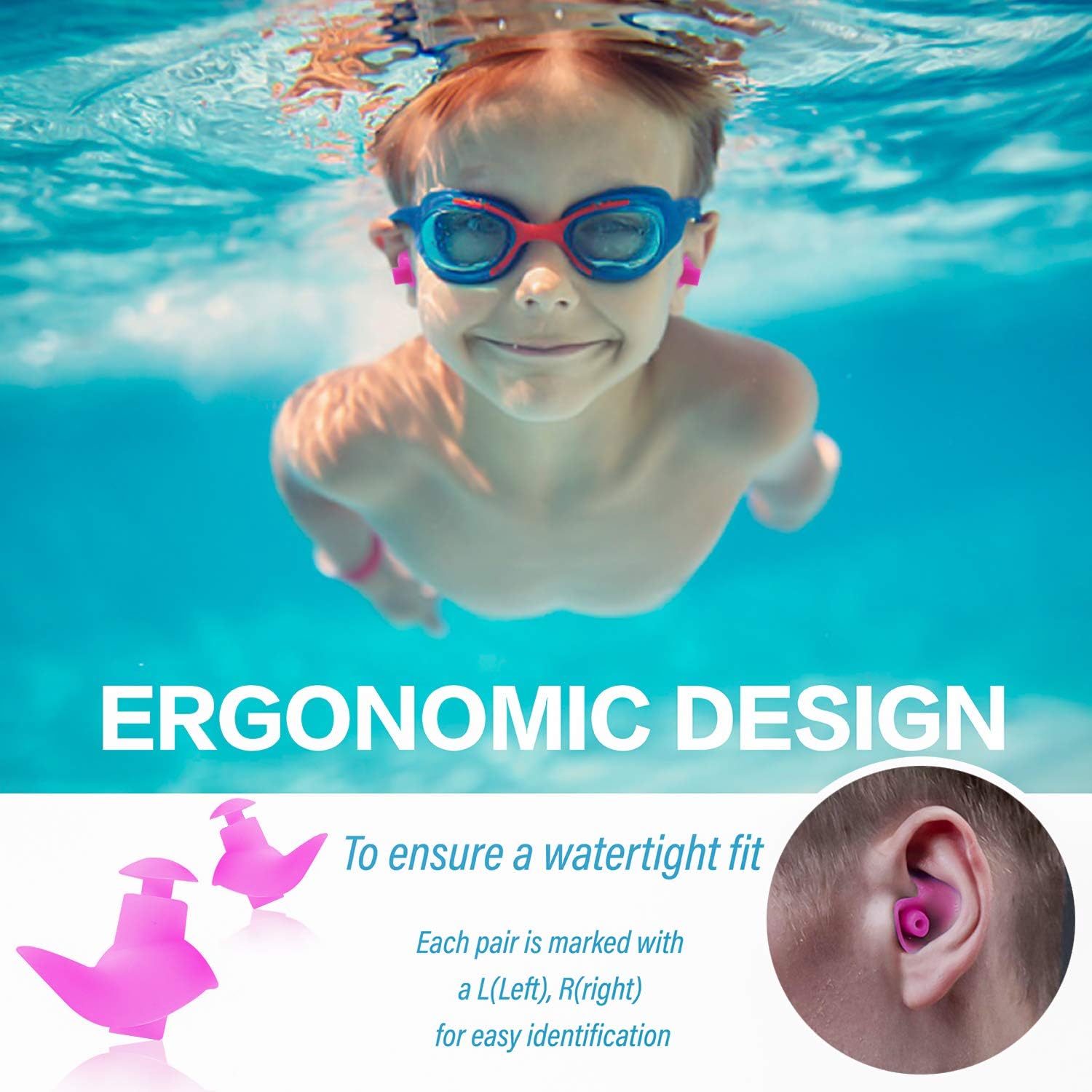 Swimming Ear Plugs, 4 Pairs Waterproof Reusable Silicone Ear Plugs, Swimming Ear Plugs for Adults Kids, for Swimmers Showering Bathing Surfing and Other Water Sports … (Blue+Pink) : Sports & Outdoors