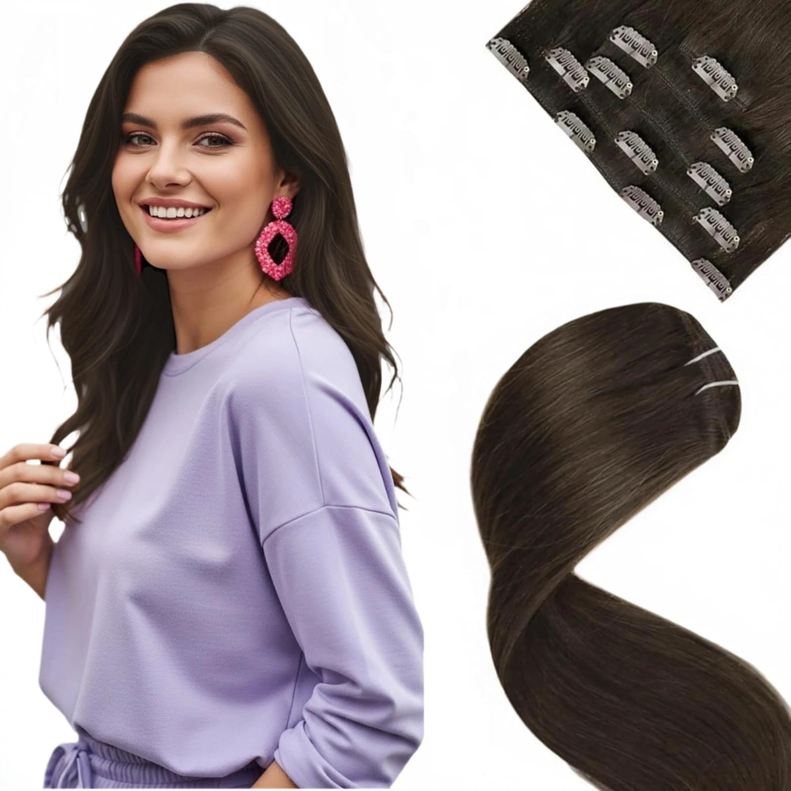 LaaVoo Clip in Hair Extensions Real Human Hair Dark Brown Hair Extensions Clip in Straight Remy Darkest Brown Hair Full Head Double Weft 80g 5pcs 18 Inch #2